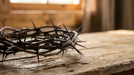Fototapeta premium Crown of Thorns Resting on a Weathered and Rustic Wooden Surface