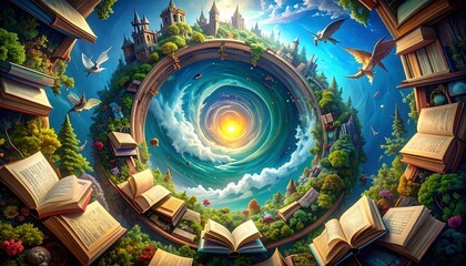 Fototapeta premium Open books unveil a vibrant circular fantasy world; lush landscapes, majestic castles, and a swirling cosmic center symbolize imagination and knowledge