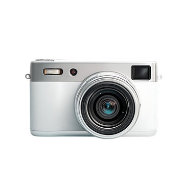 Silver digital camera with large lens on black background