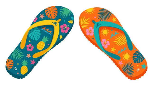 Vibrant Tropical Flip Flops with Pineapple and Floral Designs.