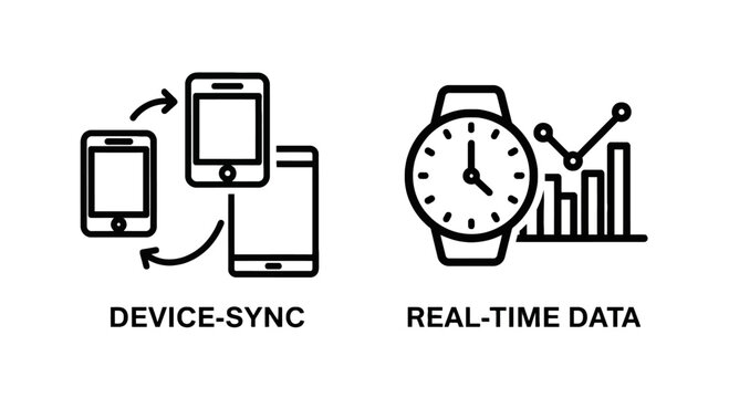 Device synchronization and real-time data watch icons: mobile sync and analytics with data analysis