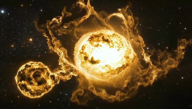 Vibrant cosmic scene of fiery glowing gas clouds and interstellar dust space featuring golden hues that create impression of intense energy and massive celestial explosion