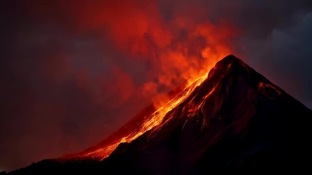 Outdoor exploration adventure. A dramatic landscape photograph depicts a volcano erupting. The main subject is a steep, jagged mountain peak engulfed in molten lava.