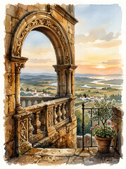 Fototapeta premium Stone Balcony Overlooking a Mediterranean Landscape at Sunset