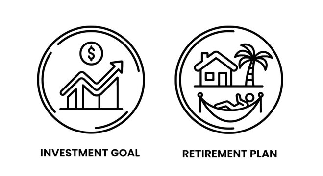 Investment goal and retirement plan icons showing financial growth and happy vacation lifestyle with line art