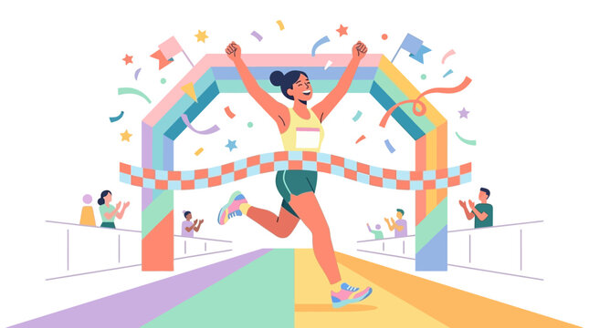 Woman crossing finish line celebrating victory in race.