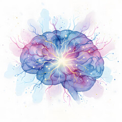 Obraz premium Watercolor Human Brain with Glowing Neural Network