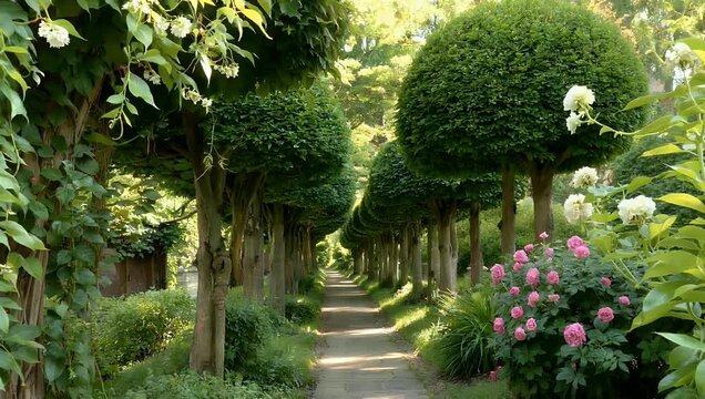 Tranquil 4K garden pathway animation enveloped by lush green trees featuring symmetrical row of round topped foliage that creates high quality natural canopy and peaceful park scene
