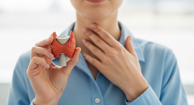 Mulher mostrando modelo anat&ocirc;mico da gl&acirc;ndula tireoide, check-up m&eacute;dico e conceito de sa&uacute;de hormonal.