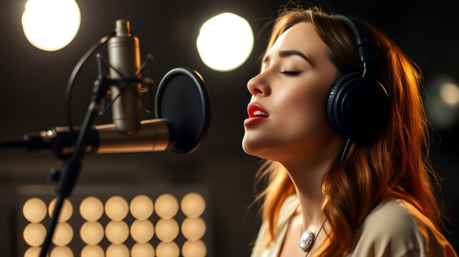 Female singer with eyes closed singing in studio