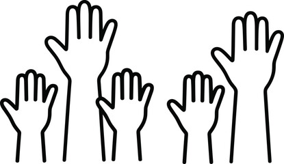 Obraz premium Black outline vector illustration of raised hands representing volunteering community participation voting teamwork diversity and reaching out for social support
