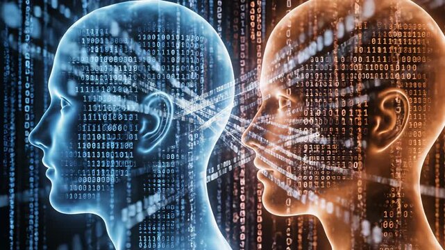 Two human heads with binary code