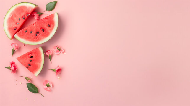Fresh Summer Fruit Flat Lay Featuring Red Watermelon Slices and Pink Flowers on a Pastel Background with Large Copy Space