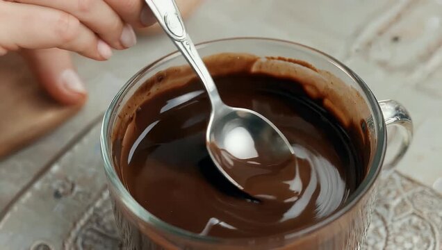 Indulgent culinary macro of teaspoon stirring rich liquid chocolate capturing high quality swirling textures and the inviting warmth of premium hot cocoa beverage
