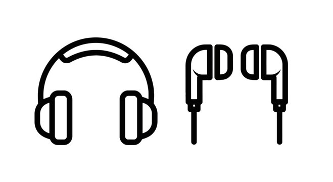 Outline icons of audio devices: headphones and earbuds for music and sound with white background