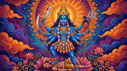 Obraz premium Goddess Kali with multiple arms and fierce expression, standing over a demon, symbolizing destruction of evil and divine power in Hindu mythology