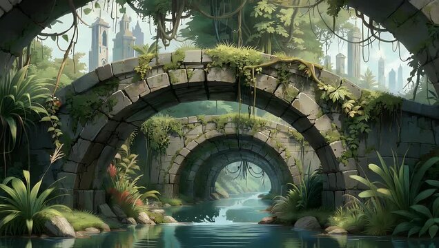 Charming 4K flat anime style landscape animation of decaying aqueduct with trickling water and lush hanging gardens creating high quality serene and green futuristic visual