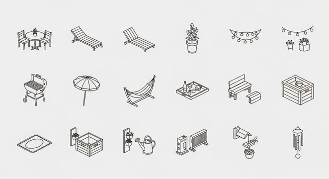 Isometric Outdoor Furniture Set - Hand-Drawn Style for Garden and Patio Design.