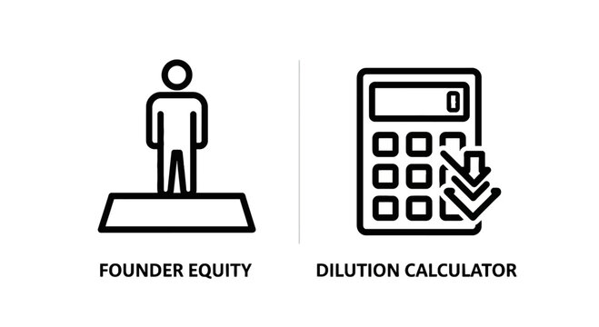 Founder equity icon and dilution calculator icon with down arrows, for startup finance and ownership, financial planning