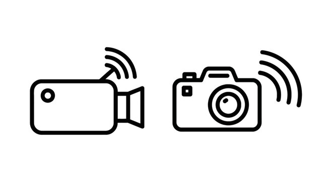 Wireless camera and photo camera outline icons for remote streaming & photography with video camera