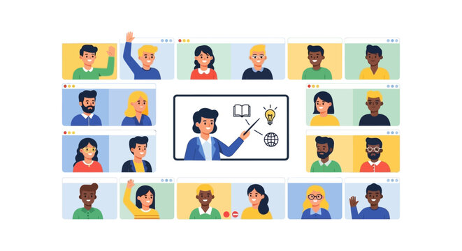 Virtual Classroom Online Education. Female Teacher Leading Remote Video Conference Lesson with Diverse Students. E-learning Webinar Training.