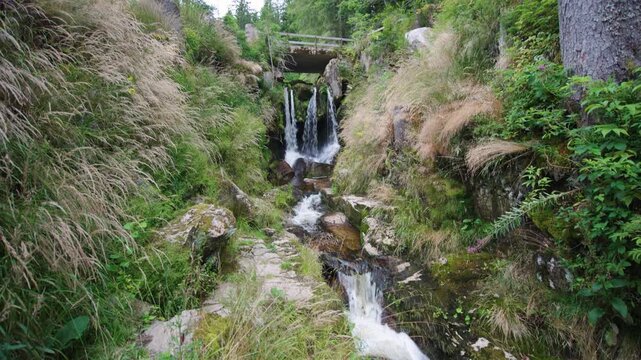 Menzenschwander waterfall with bridge in Black Forest Germany Schwarzwald