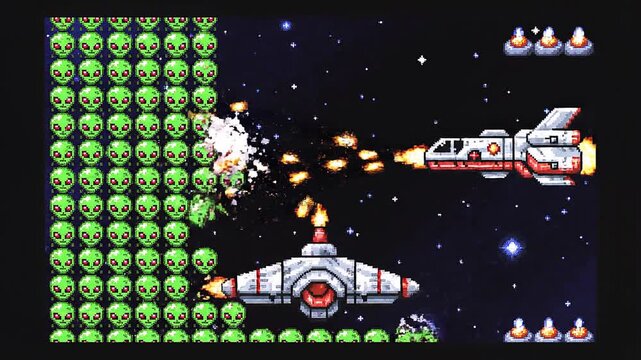 A pixel‑art space shooter scene featuring two spacecraft firing projectiles toward a grid of green alien enemies in a star‑filled space, capturing classic arcade gameplay and nostalgic 8‑bit graphics.