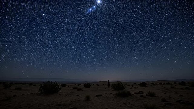 Mesmerizing Star Trails Over a Desert Landscape Under a Dark Night Sky