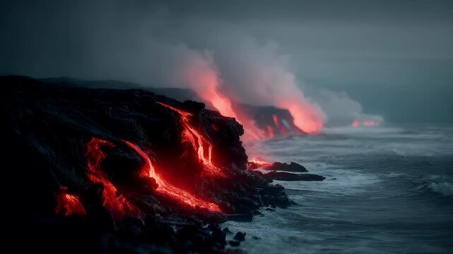 Outdoor exploration adventure. A dramatic portrayal of a volcanic landscape at night. The main subject is a rocky outcrop with molten lava flowing into the ocean. The lava is a vivid orangered.