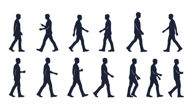 Sequence of a male silhouette walking in twelve different positions showing a complete step cycle on a white background.