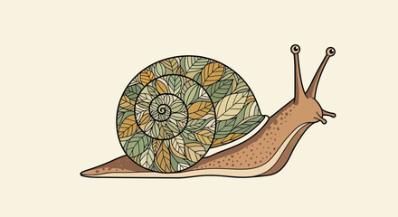 Artistic snail with a shell decorated with colorful leaves. © Putiagna