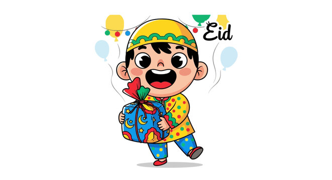 Happy Muslim boy celebrating Eid with a colorful gift