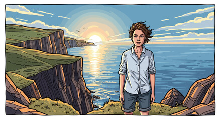 Young person stands on a cliff overlooking a beautiful ocean sunset. © Putiagna