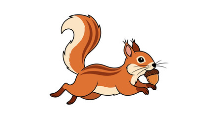 A cute cartoon squirrel is running with an acorn in its mouth. © Putiagna