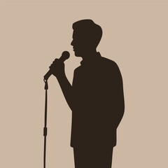 Person with microphone. Cut out figure silhouette. Hand drawn modern Vector illustration. Singer, comedy performance, stand up, podcast, public speaking, conference concept. Isolated design element