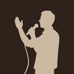 Person with microphone. Cut out figure silhouette. Hand drawn modern Vector illustration. Singer, comedy performance, stand up, podcast, public speaking, conference concept. Isolated design element
