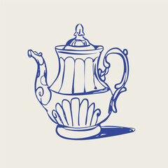 Blue Teapot, coffee jug or kettle. Elegant ceramic porcelain. Line art. Decorative outline style. Hand drawn trendy Vector Illustration. Isolated design element. Poster, print, logo template