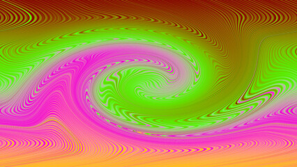 Obraz premium Abstract optical illusion background with green pink orange red swirling wave lines, dynamic fluid motion, and vibrant geometric decorative layout