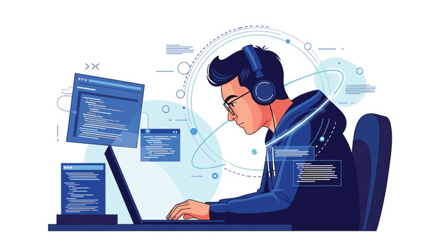 Young man with headphones working on a laptop while surrounded by digital floating code windows in a professional software development workspace.