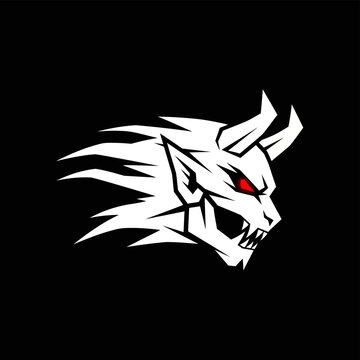 Fierce White Horned Creature Head with Red Eyes.