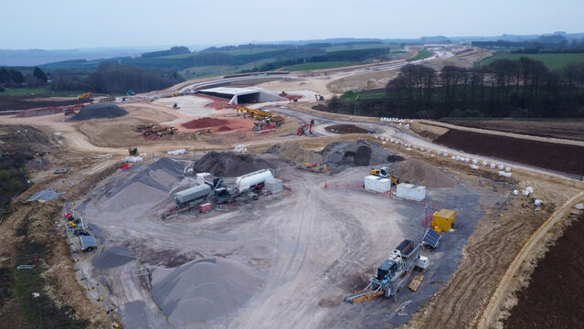 Aerial view of civil infrastructure construction around road building. A417, Cotswolds, UK