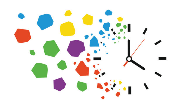 A colorful clock with vibrant shapes exploding from it on a white background
