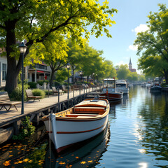 Obraz premium Canal scene with boats and trees