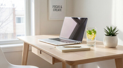 Fototapeta premium Minimalist home office desk with a laptop, notebook, succulent plant, and fruit-infused water in a bright setting.