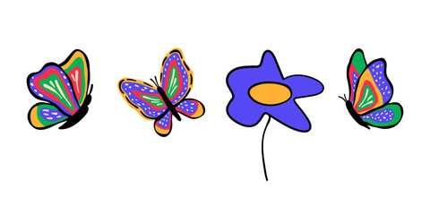 Fototapeta premium Colorful doodle butterflies and flower set