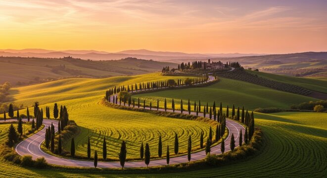 Tuscan vineyard landscape at sunset