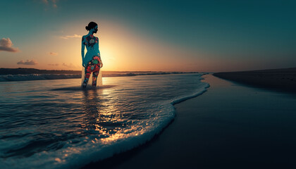 Fototapeta premium A serene woman stands alone on a beach at sunset, surrounded by ocean waves and vibrant colors