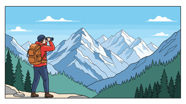 Male hiker with a backpack and warm clothes standing on a ledge and looking through binoculars at a vast range of snowy mountain peaks.
