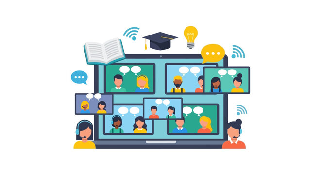 Virtual Classroom Concept Vector Illustration. Distance Learning, Online Course, or Video Tutorial on Computer Screen.