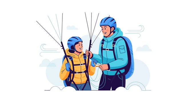Two people preparing for paragliding adventure together.